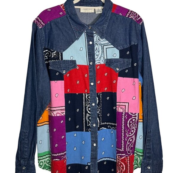Lemongrass Western Denim Bandana Patchwork Shirt SZ Large - Picture 2 of 9
